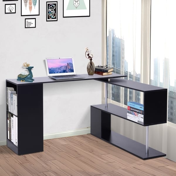 slide 2 of 10, HomCom 55-in. 360-degree Rotating Corner Computer Desk w/ 3-tier Storage Shelves/Bookshelf