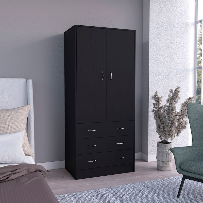 31" Modern Double-door Armoire with Two Drawers and Hanging Rod for Bedroom - Black