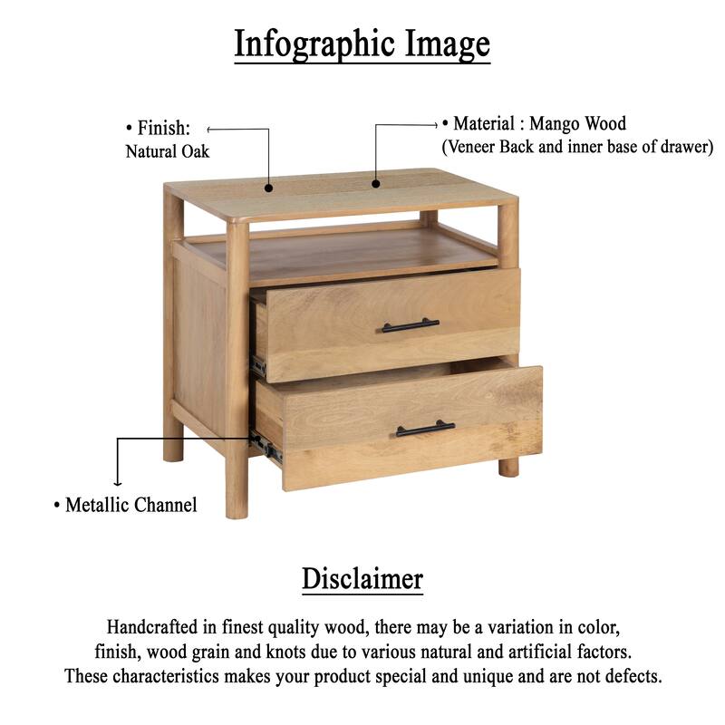 Geti 29 Inch Bedside Nightstand Table, Handcrafted Natural Oak White Mango Wood, 2 Drawer, Open Shelf