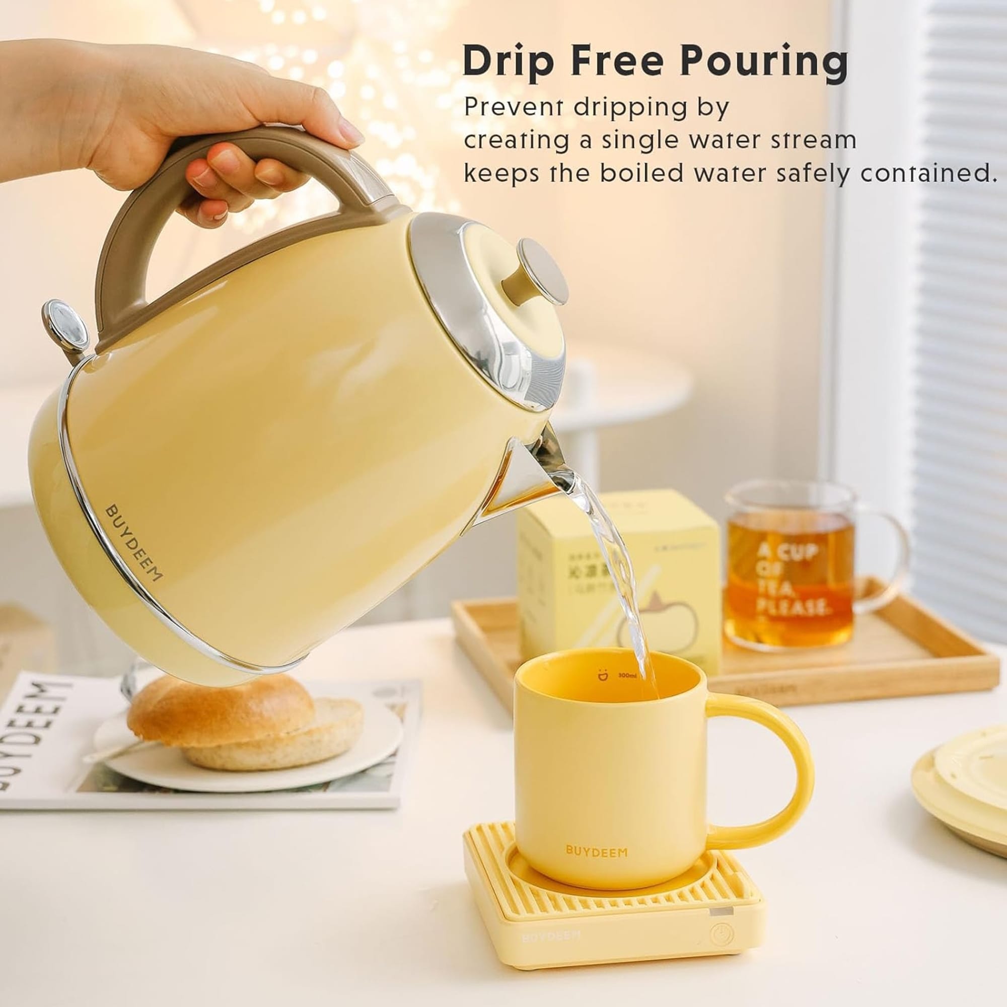 BUYDEEM 1.7L Stainless Steel Electric Tea Kettle with Auto Shut Off and Boil Dry Protection Silver