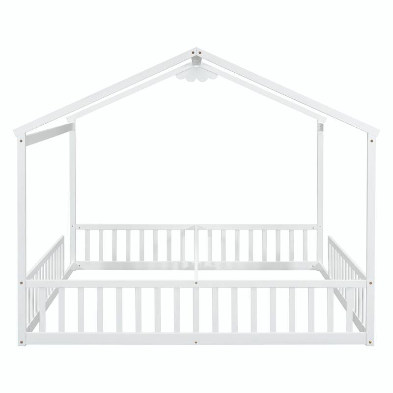 Double Twin House-Style Floor Bed with Fence and Guardrails, No Door