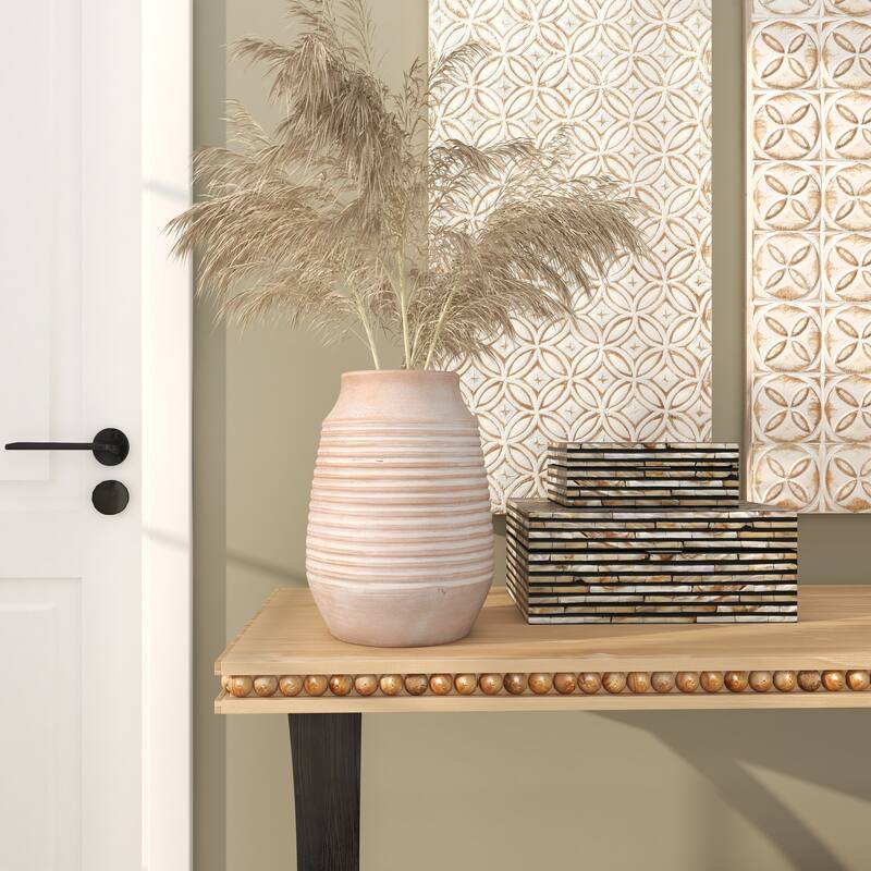 Pink Ceramic Whitewashed Ribbed Decorative Vase - Pink