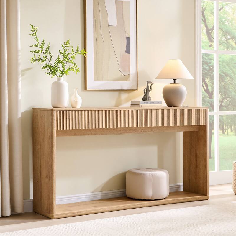 63" Modern Fluted 2 Drawers Entryway Table, Console Table, Sofa Table - Oak
