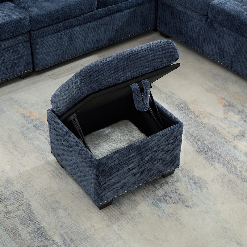 97 Inch L-Shaped Sectional Sofa with Storage Ottoman, Chenille, 7 Seats, Dark Blue