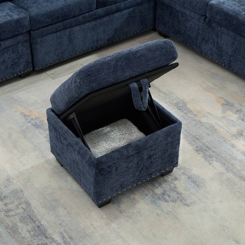 L-Shaped Chenille Sectional Sofa with Pull-Out Bed, Upholstered Convertible 7-Seater Sofa with Storage Ottoman & 2 Pillows