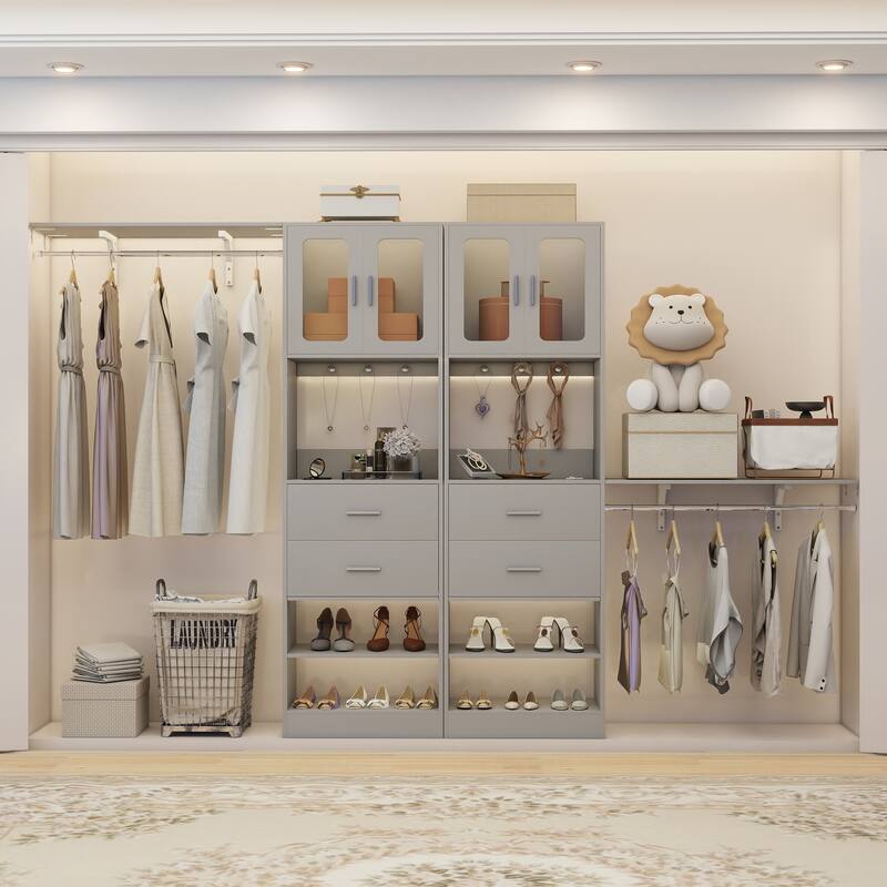 Rackcog Closet System with Doors and Drawers, Storage Organizer with DIY Shelving for Walk-in Closet