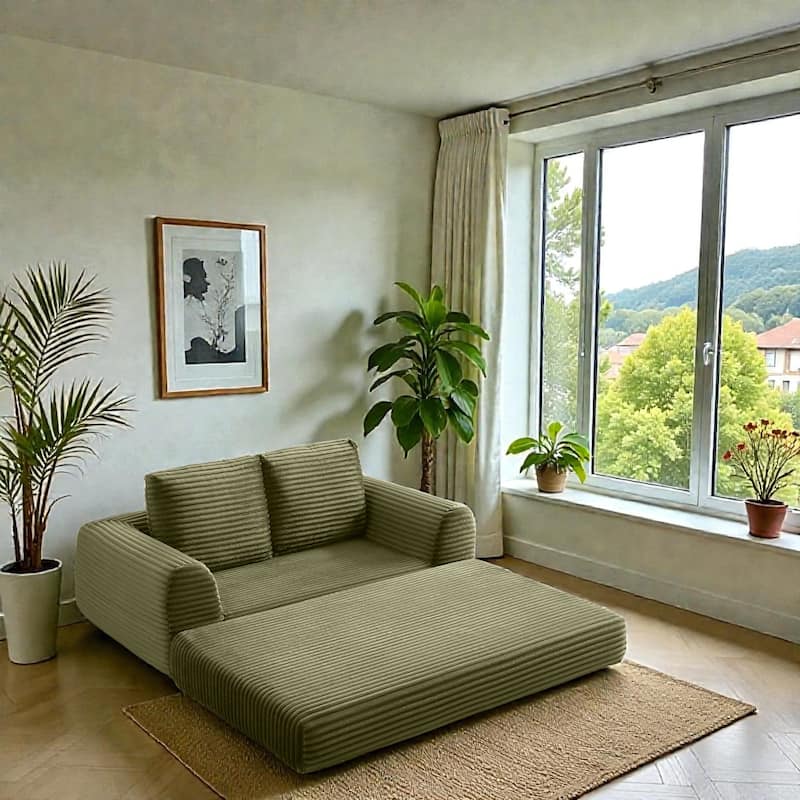 2 in 1 Folding Sofa Bed Loveseat, Corduroy Convertible Sleeper Couch with Pillows, Boneless Floor Futon