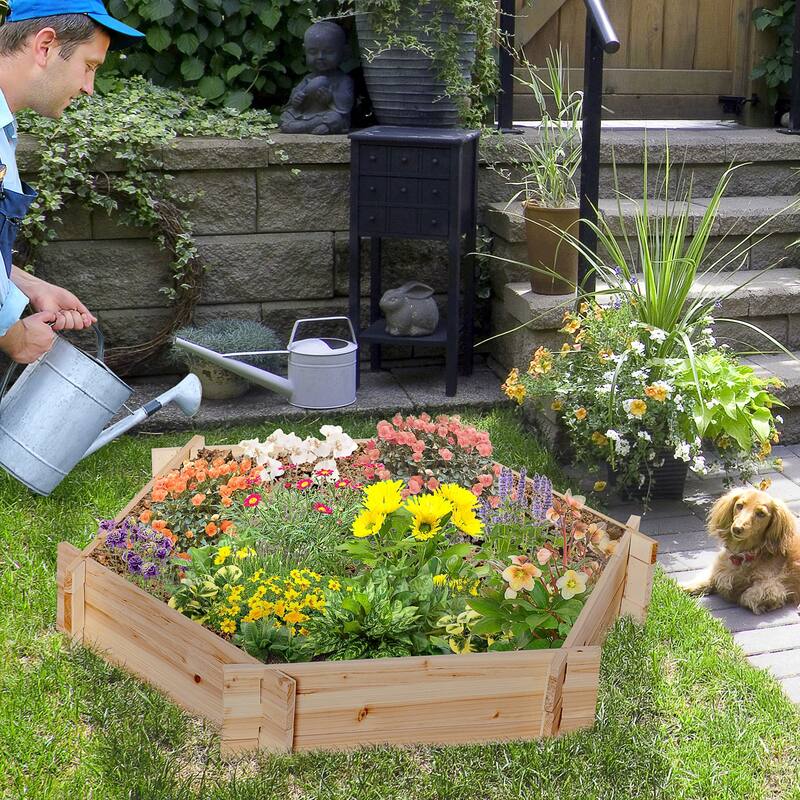 Outsunny 39'' x 36'' Screwless Raised Garden Bed, Hexagon Planter Box, Easy DIY Herb Garden for Vegetables Flowers - Natural - 39.25" x 36.25" x 6.25" - Wood