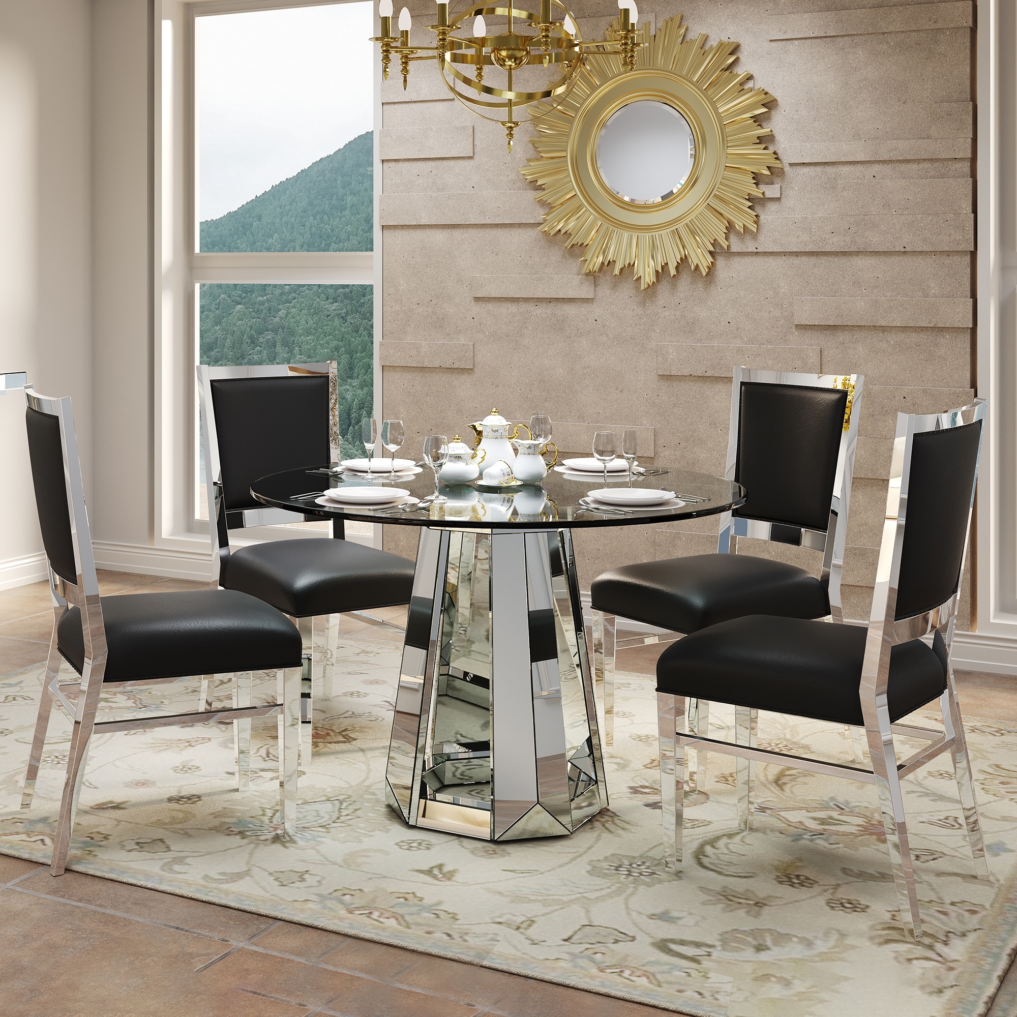 Modern Minimalist Round Tempered Glass Combination Round Mirror Surface Dining Table, Glass Table With Round Base, Kitchen Table