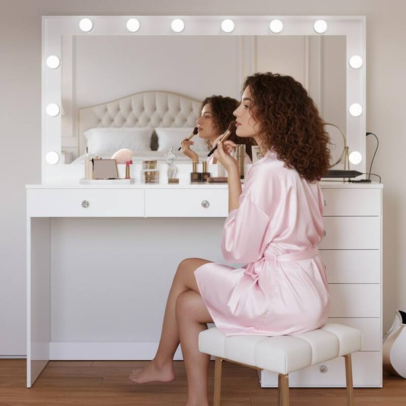 Boahaus Makeup Vanity Desk Glass Top 8 Drawers Crystal Knobs Lighted Mirror