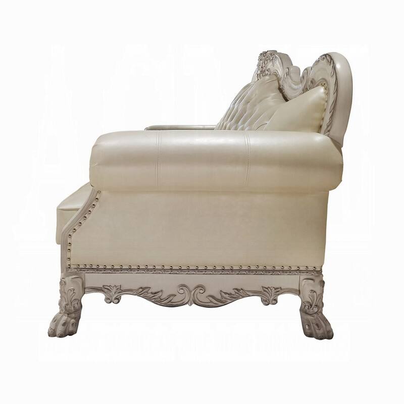 Ally Sofa, 4 Pillows, 86 Inch, Claw Feet, Vintage White Faux Leather