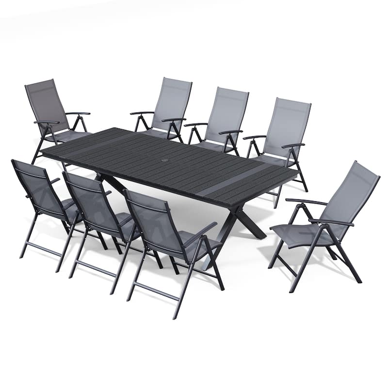 Aluminum Rectangular Outdoor Patio Dining Table with Durable Adjustable Reclining Folding Chair - 94.3in-Black-Table&Grey-Chair