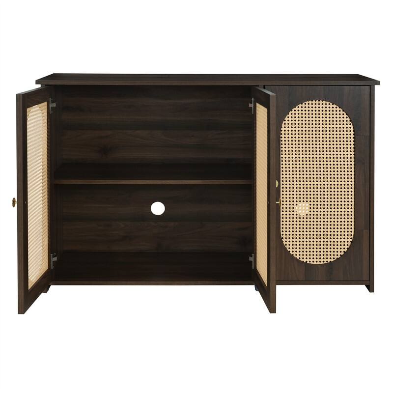 Retro 3-Door Sideboard with PVC Rattan Doors and Metal Handles, Buffet Cabinet Accent Storage Cabinet with Storage Shelves