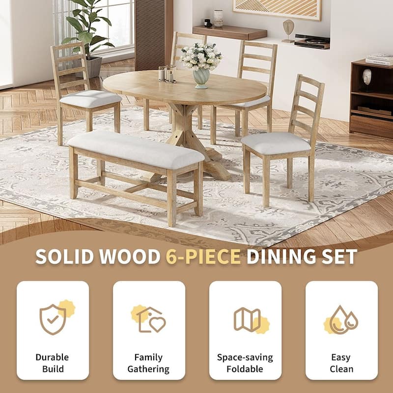 6 PCS Farmhouse Dining Table Set for 6 with Extendable Oval Table