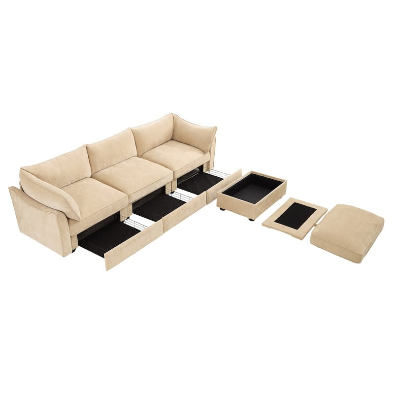 L-Shaped 3-Seater Sectional Sofa Couch with 1 Movable Ottoman & Drawers