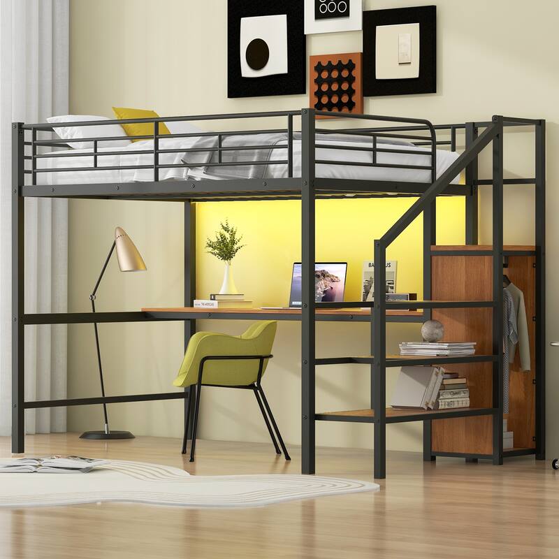 Full Size Metal Loft Bed with Desk, Storage Staircase, Wardrobe, and LED Light