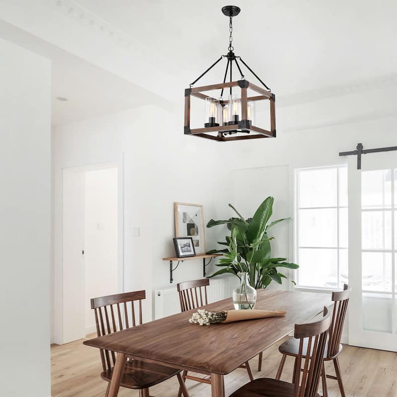 Daniela 4-light Antique Black Wooden Cage Glass Cylinders Cage Pendant