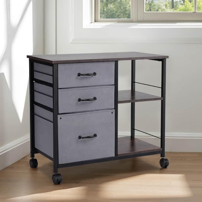 Iron and Wood 3 Drawer File Cabinet with Open Shelves and Casters