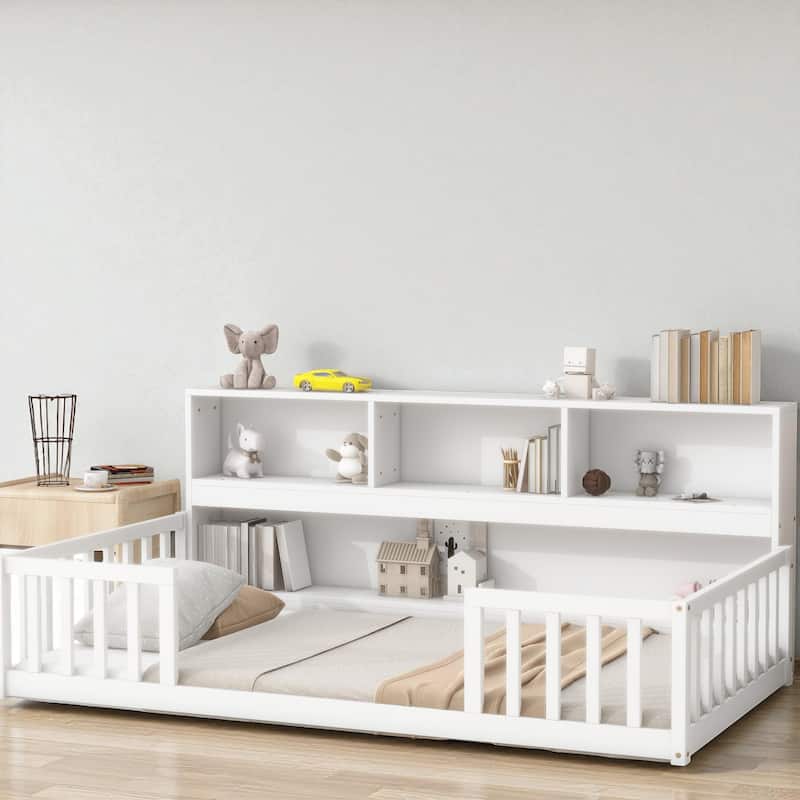 Twin/Full Size Wooden Floor Bed with Bedside Bookcase and Shelves, Low Platform Bed with Guardrails