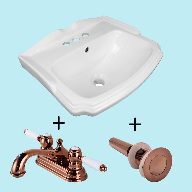 White Wall Mount Sink with 4" Centerset Faucet Rose Gold and Rose Gold Drain with Overflow Renovators Supply