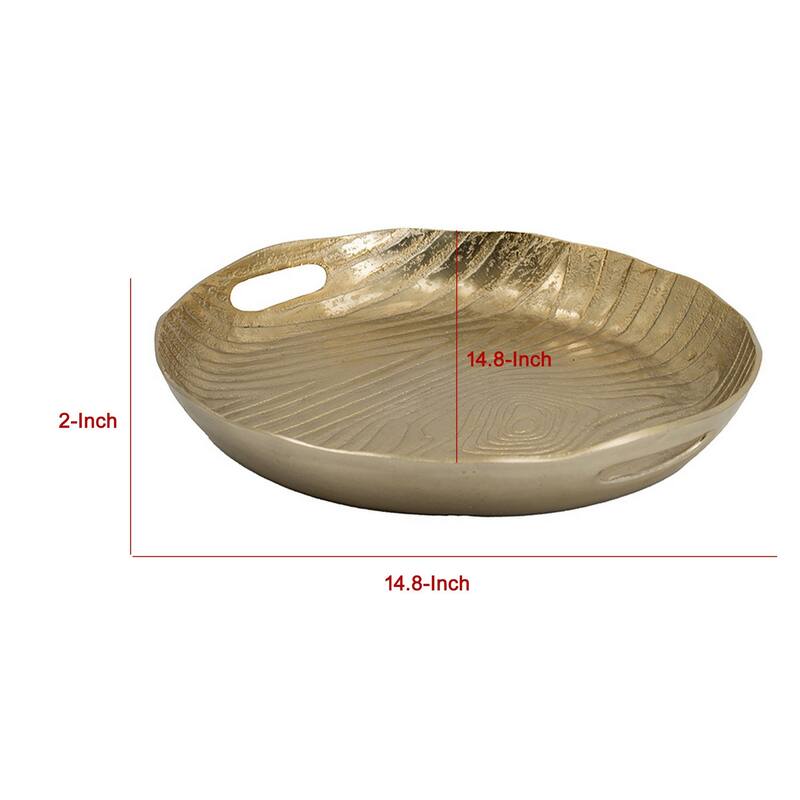 15 Inch Round Decorative Platter Tray, Sloped Rim, Texture Brass Gold