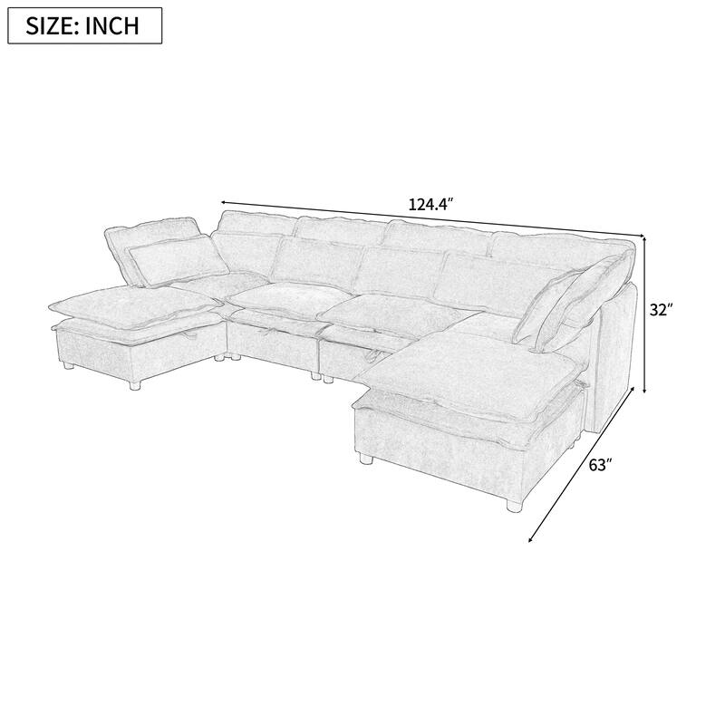 Double-Layer Cushion Modular Sofa with Storage Seat, 6-Seater Sectional Sofa for Livingroom Polyester Convertible Sofa Bed