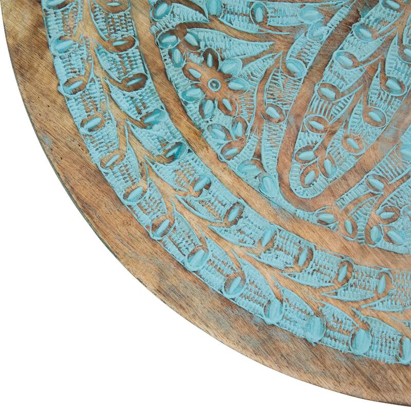 22" Antique Blue Engraved Wooden Tri Leg Round Side Table