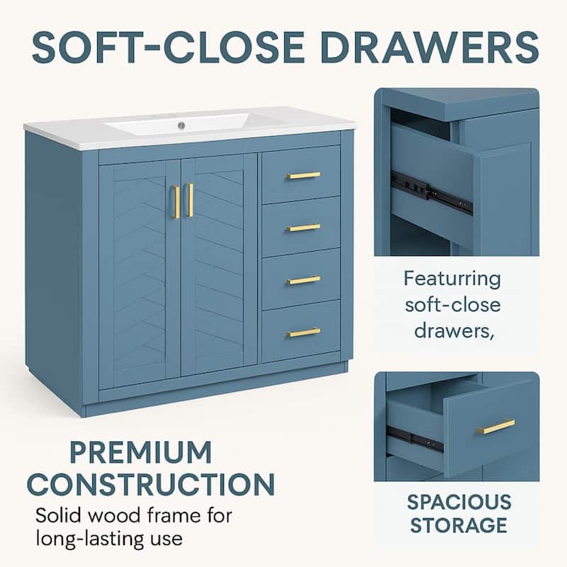 36'' Freestanding Bathroom Vanity with Sink, Solid Wood Frame, 3 Drawers