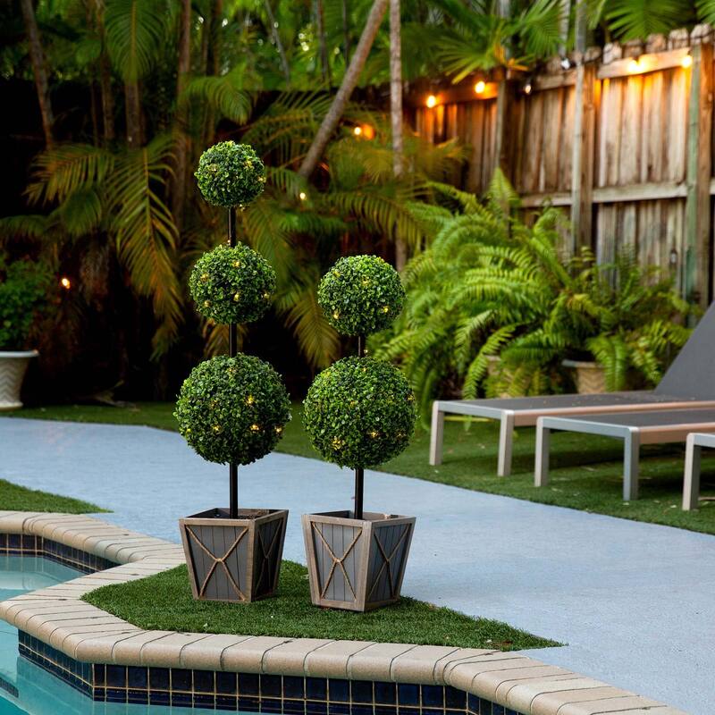 Potted Double Ball Boxwood Artificial Topiary Tree - 3' - Clear LED Lights