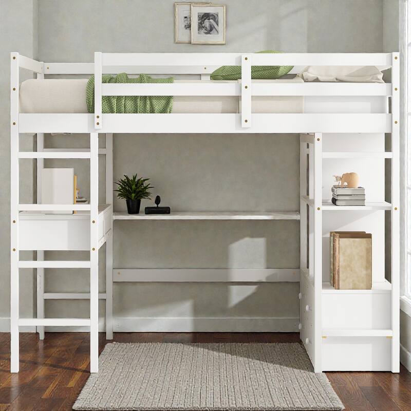Full Size Loft Bed with Built-in Desk, Storage Drawers, Shelves and Cabinets, Space-Saving Workstation Bed Frame