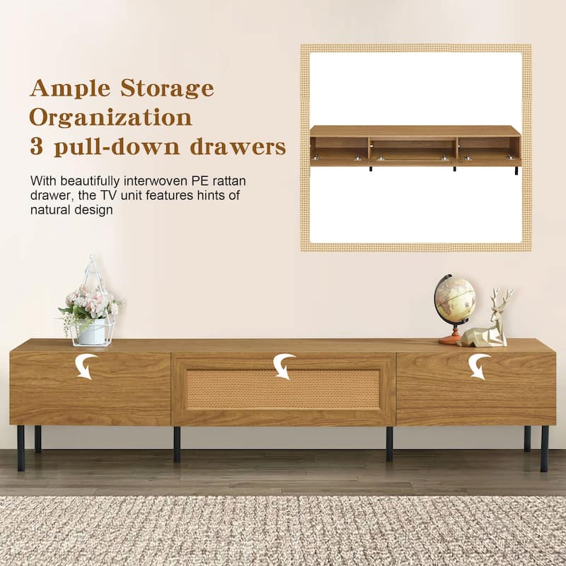 Anmytek Wooden TV Stand with Rattan Storage for up to 80 Inch TV, Rustic Bohemian Living Room Entertainment Center