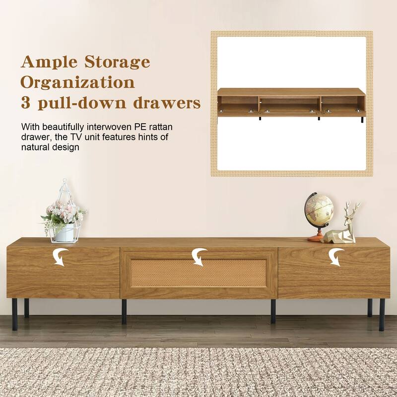 Boho TV Stand for TVs up to 80'', Rattan TV Stand with 3 Pull-Down Cabinets, Entertainment Center with Metal Legs, Media Console