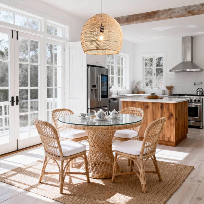 1-Light Coastal Style Brown Hand-Woven Rattan Cloche Hanging Pendant Light - 15.7" W x 62.9" H