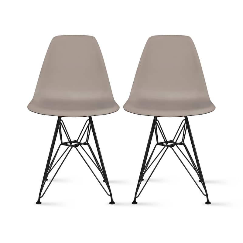 Set of 2 Mid-Century Modern Dining Side Chairs Armless Plastic Shell Seat with Black Metal Wire Eiffel Base, White