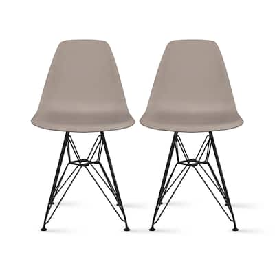 Set of 2 Mid-Century Modern Dining Side Chairs Armless Plastic Shell Seat with Black Metal Wire Eiffel Base, White