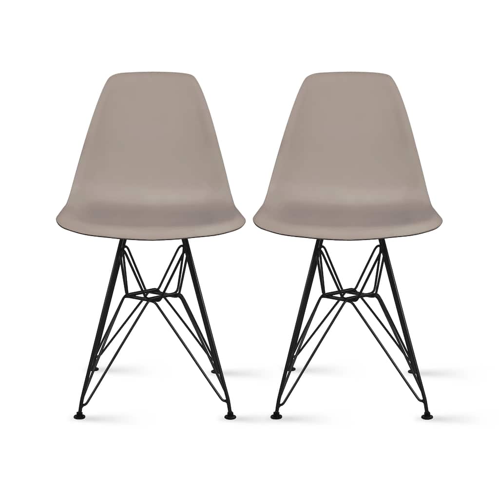 Set of 2 Mid-Century Modern Dining Side Chairs Armless Plastic Shell Seat with Black Metal Wire Eiffel Base, White