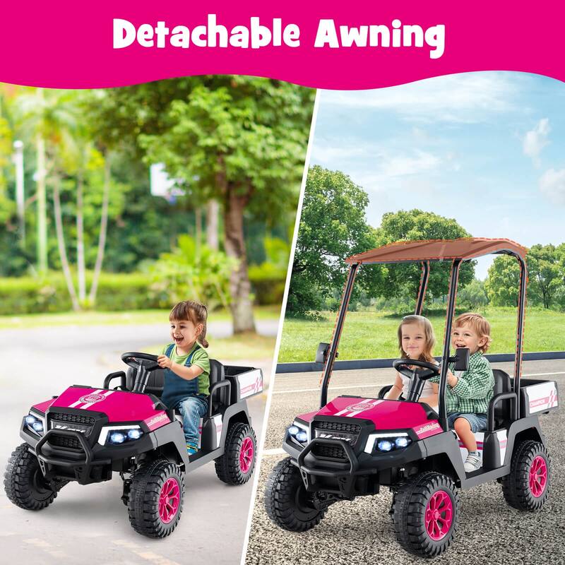 Kids Ride On Golf Cart with Remote 24V Rechargeable Battery USB Music and Sun Awning - 53.5" × 28" × 45" (L x W x H)