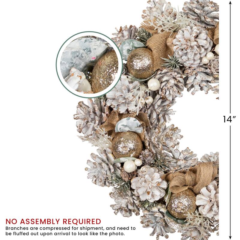 Green Pine Burlap Bows Artificial Glitter Christmas Wreath 13.75"