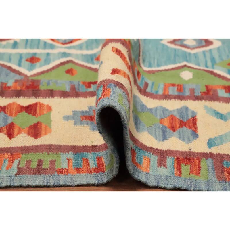 Hand Woven Oriental 100% Wool Carpet Southwestern Tribal Navy Blue & Blues Kilim Area Rug - 5' 9'' X 4' 1''
