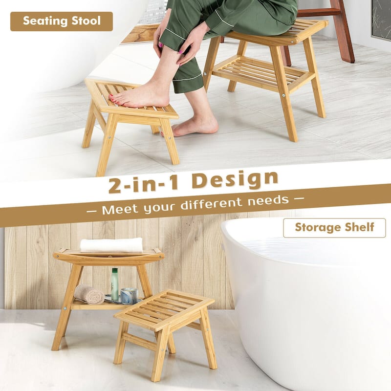 Bamboo Shower Seat Bench w/Underneath Storage Shelf, Spa Bath Seat