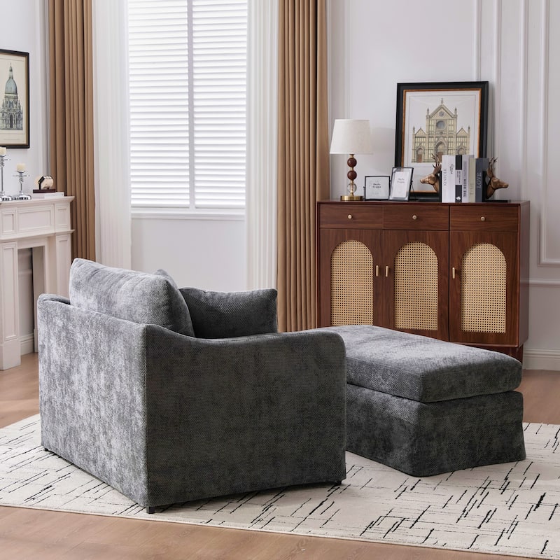 Morden Accent Chair with Ottoman, Chenille Living Room Side Chair, Single Sofa Armchair with Bolster Pillows