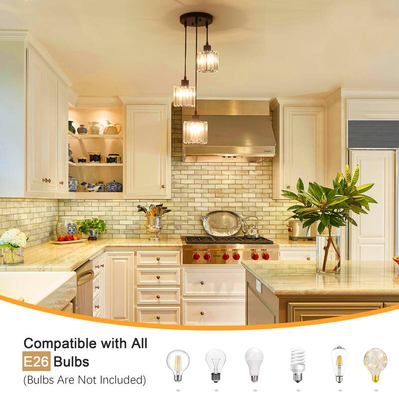 3-Light Modern Metal Hanging Pendant Light Ceiling Light Chandelier with Crystal Cover for Kitchen Island