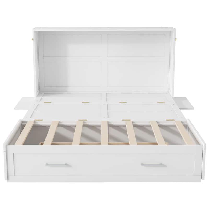 Queen Size Mobile Murphy Bed with Large Storage Drawer, 2 Side Shelves, and Foldable Design