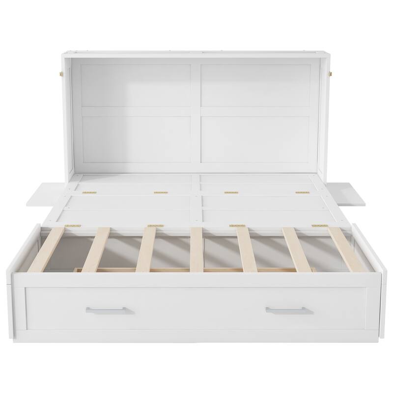 Roomfitters Queen Size Mobile Murphy Bed with Storage Drawer and Side Shelves, Space-Saving Foldable Wall Bed, White