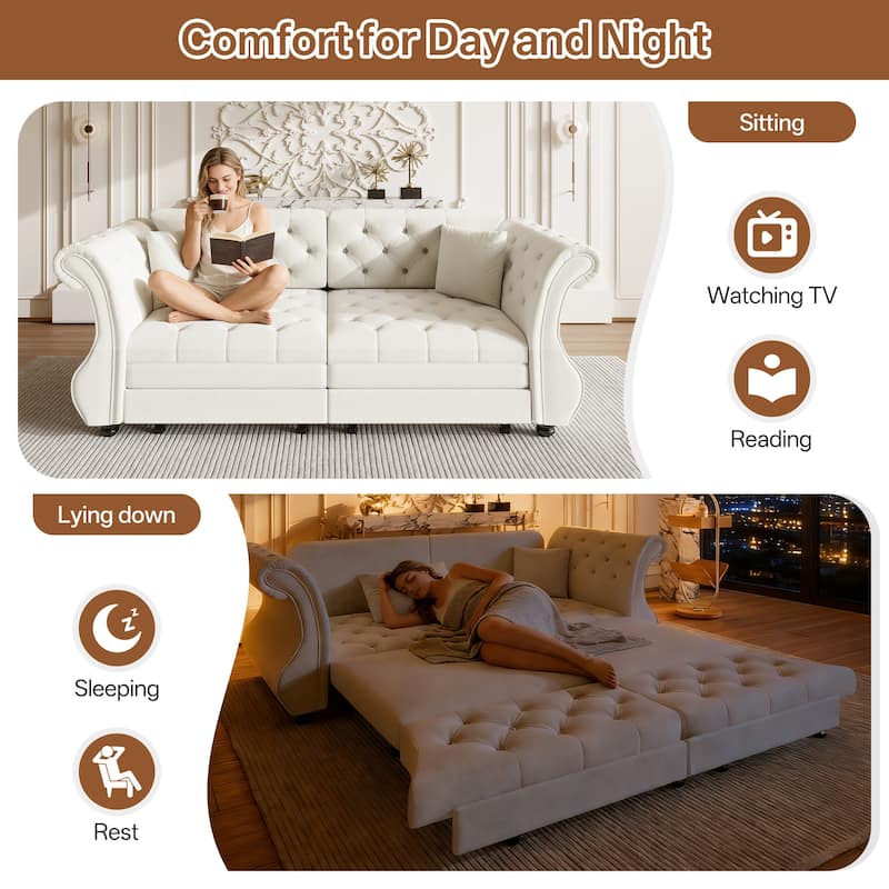 83.8 Inch Chesterfield Pull Out Sofa Bed, Velvet Roll Arm Couch with Flower Tufting, Convertible Sleeper