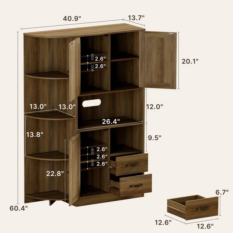 Farmhouse Kitchen Storage Cabinet with Doors and Open Shelves, Buffet Sideboard with Microwave Shelves and Drawers