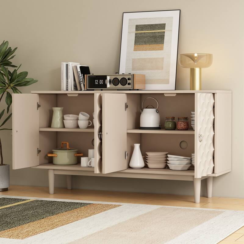 Buffet Cabinet with 4 Convex Pattern Doors, Storage Cabinet with 2 Silver Handle, Sideboard Cabinet with Adjustable Shelves