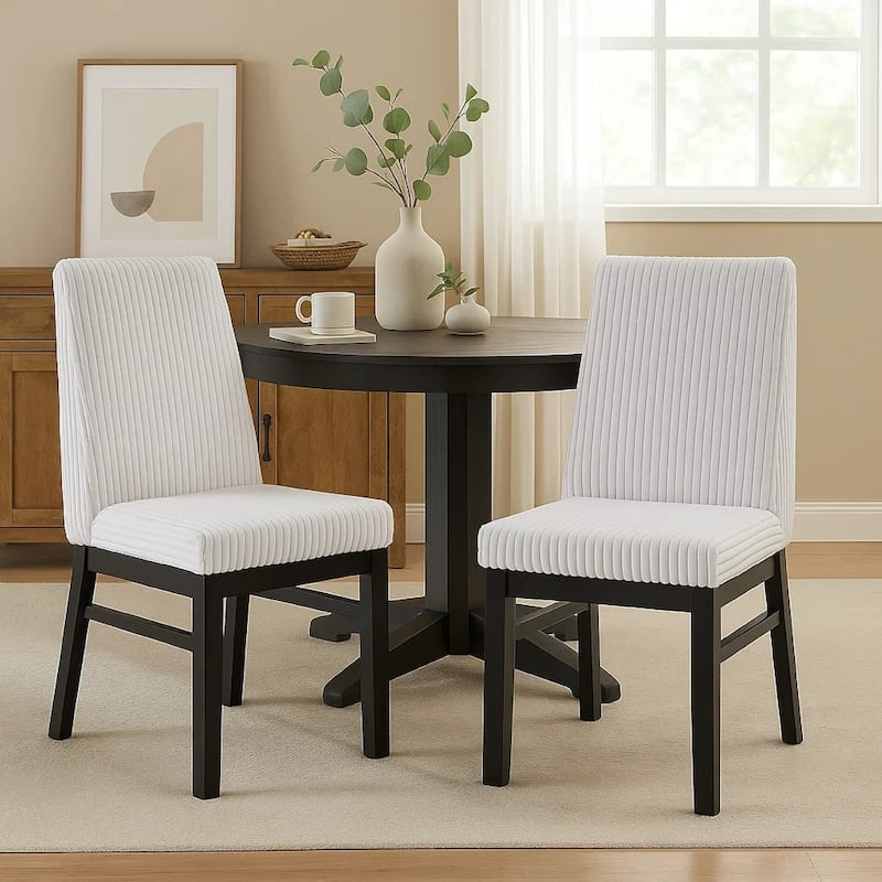 Haly Dining Chair Set of 2, White Fabric Padded Seat, Black Wood Legs