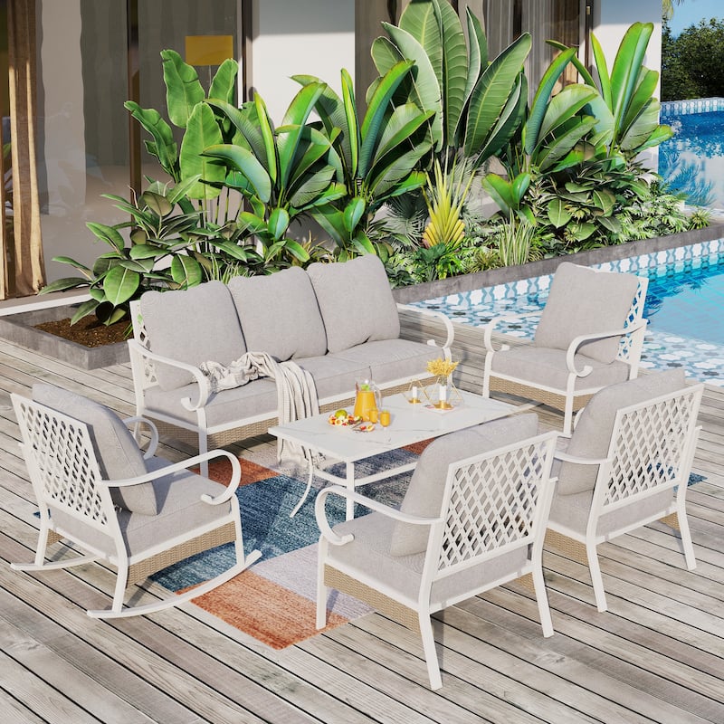 MAISON ARTS 7-Seat Patio Conversation Set, 2/4 x Cushioned Metal Chair, 1 x 2-Seat Sofa,1 x 3-Seat Sofa with Coffee Table