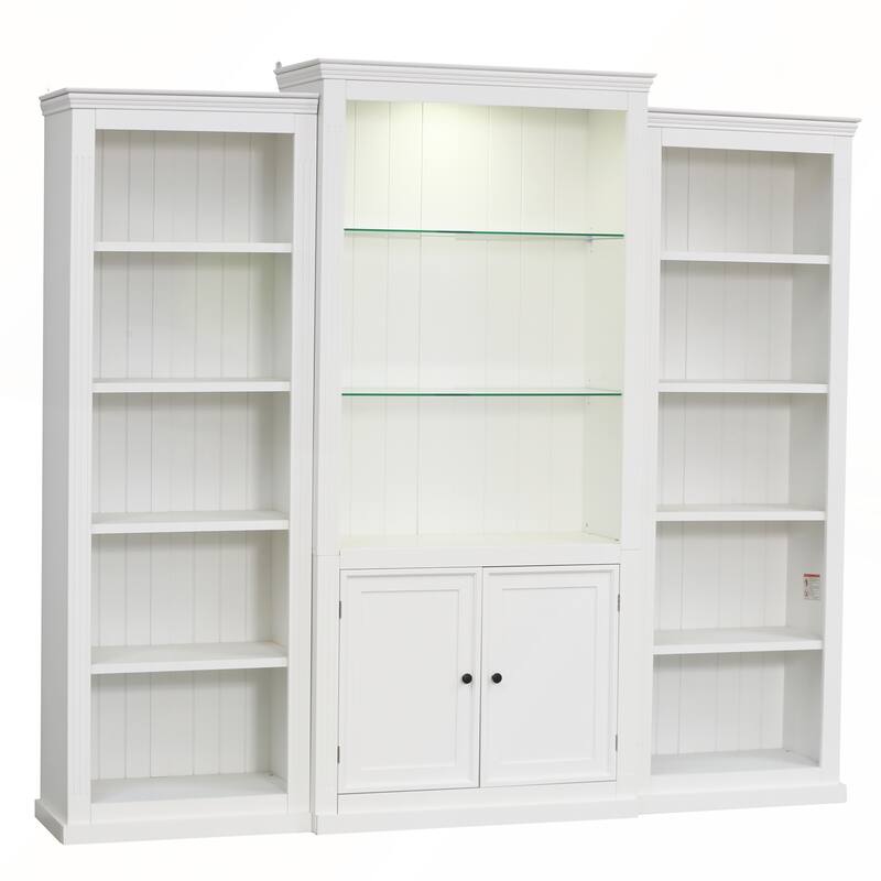 78.75IN Tall 3-Pieces Bookcase Display Cabinet with 5-Color Adjustable LED Ceiling Light and Tempered Glass Shelves